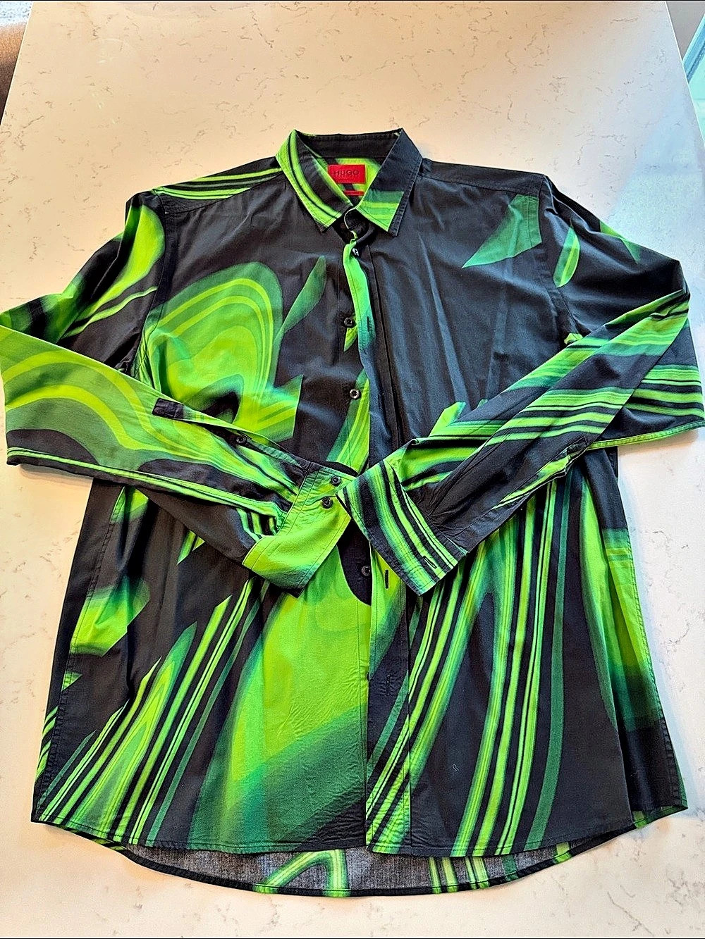 HUGO Abstract Print Button Down in Black & Green
